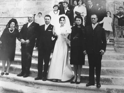 Maig1965e  ISABEL MIQUEL I FARRAN. MIQUEL JOVELLS COSTAFREDA. RAMON RAMIS I MIQUEL, DOLORS JOVELLS MATEU, MARIA MATEU I ANTON RAMIS. MAIG 1965.
